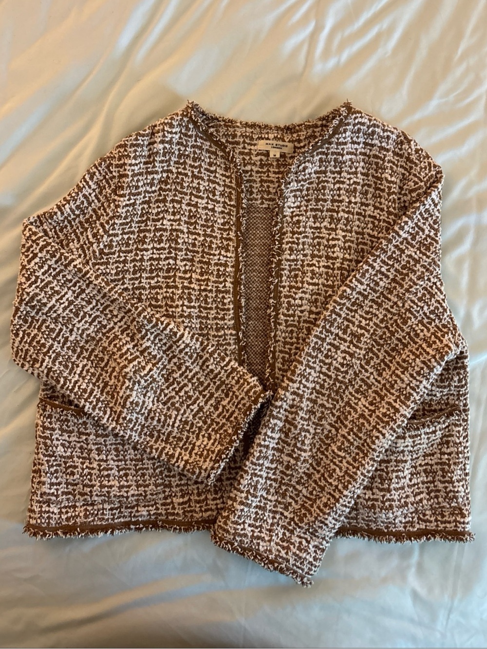 Max studio Size M Brown & Cream Tweed Open Cardigan Sweater raw hem cropped